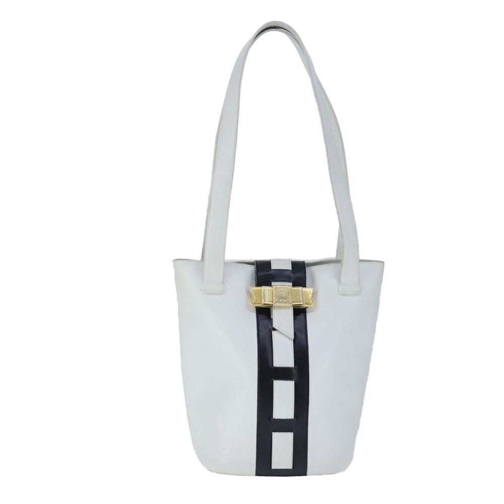 CELINE Ribbon Tote Bag Leather White Black - Picture 2 of 12